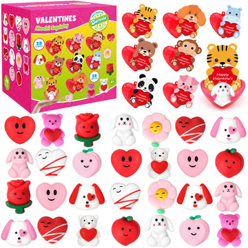 Surcvio 28 Pack Valentine Mochi Squishies Gifts For Kids, Greeting Cards And Mochi Squishies Filled Hearts Kawaii Squishies Stress Relief Fidget Toys Classroom Exchange Party Favors Prizes Gifts