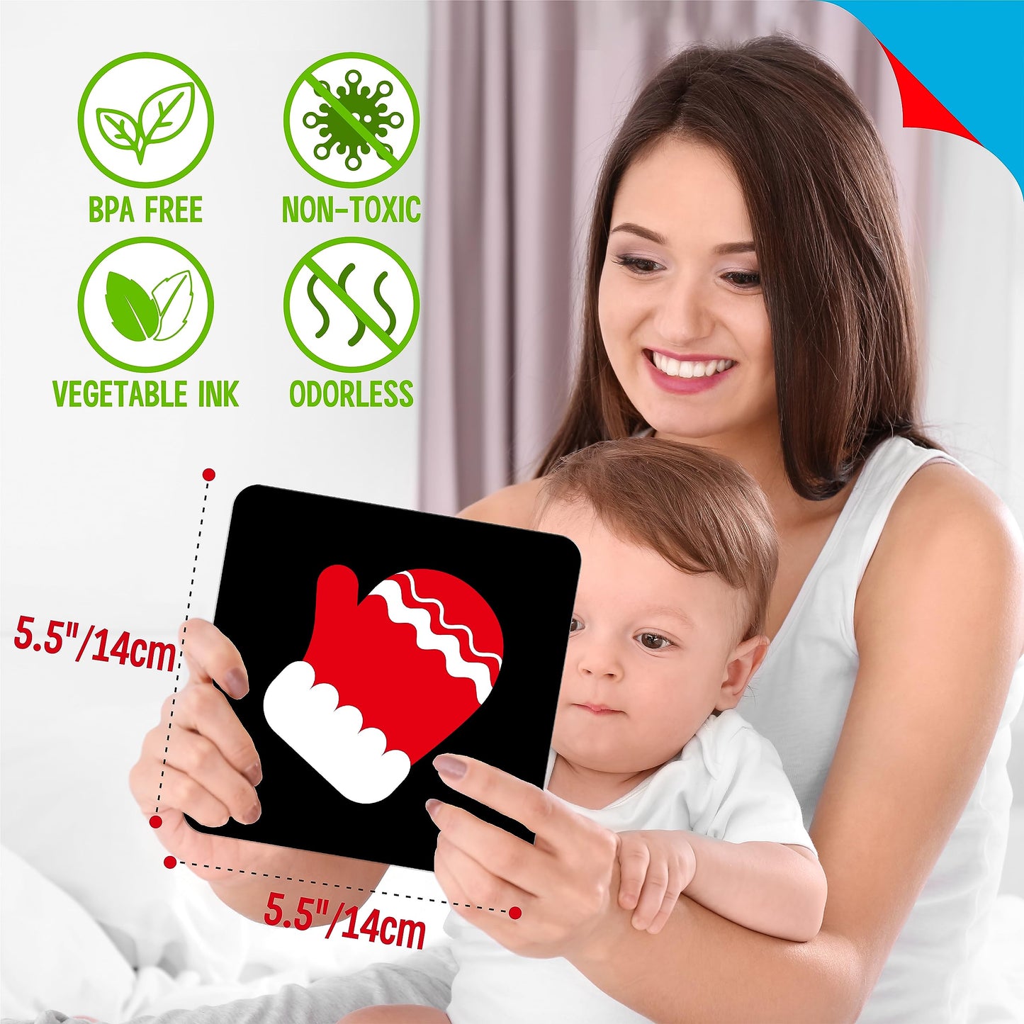 100 Pages Black White Colorful Baby Visual Stimulus Flashcard, 50 Pcs High Contrast Baby Flashcards Sensory Toys For Newborn Infant Gift (2 Levels 0-6 Months, 5.5” X 5.5”)