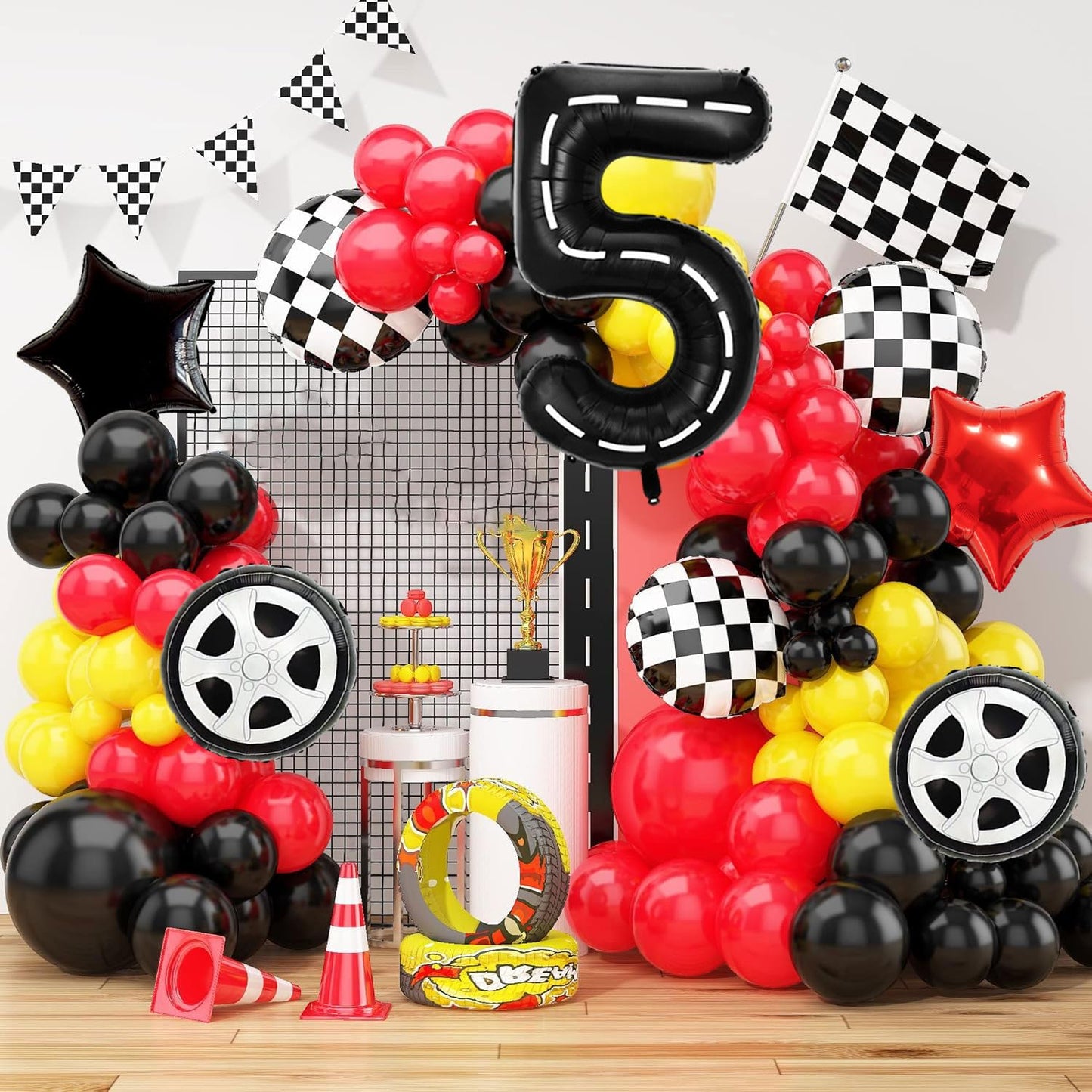 Race Car Birthday Balloons Decorations, 40 Inch Racetrack Black Number 5 Balloon, Large Mylar Black 5 Balloon For 5St Birthday R