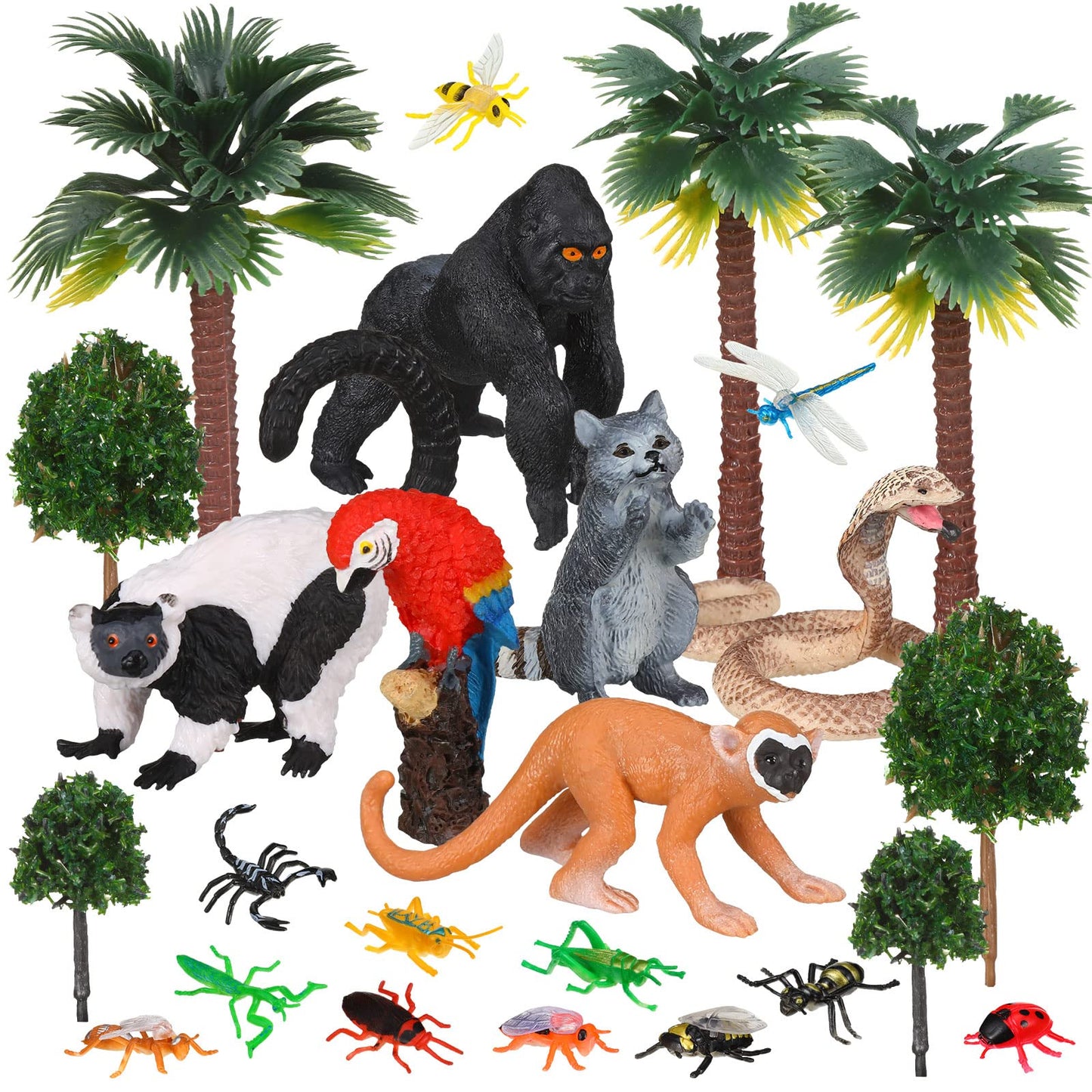 Jexine 25 Pack Rainforest Animals Figures Toys Set Assorted Creatures Rainforest Diorama Supplies Animals Model Trees for Birthd