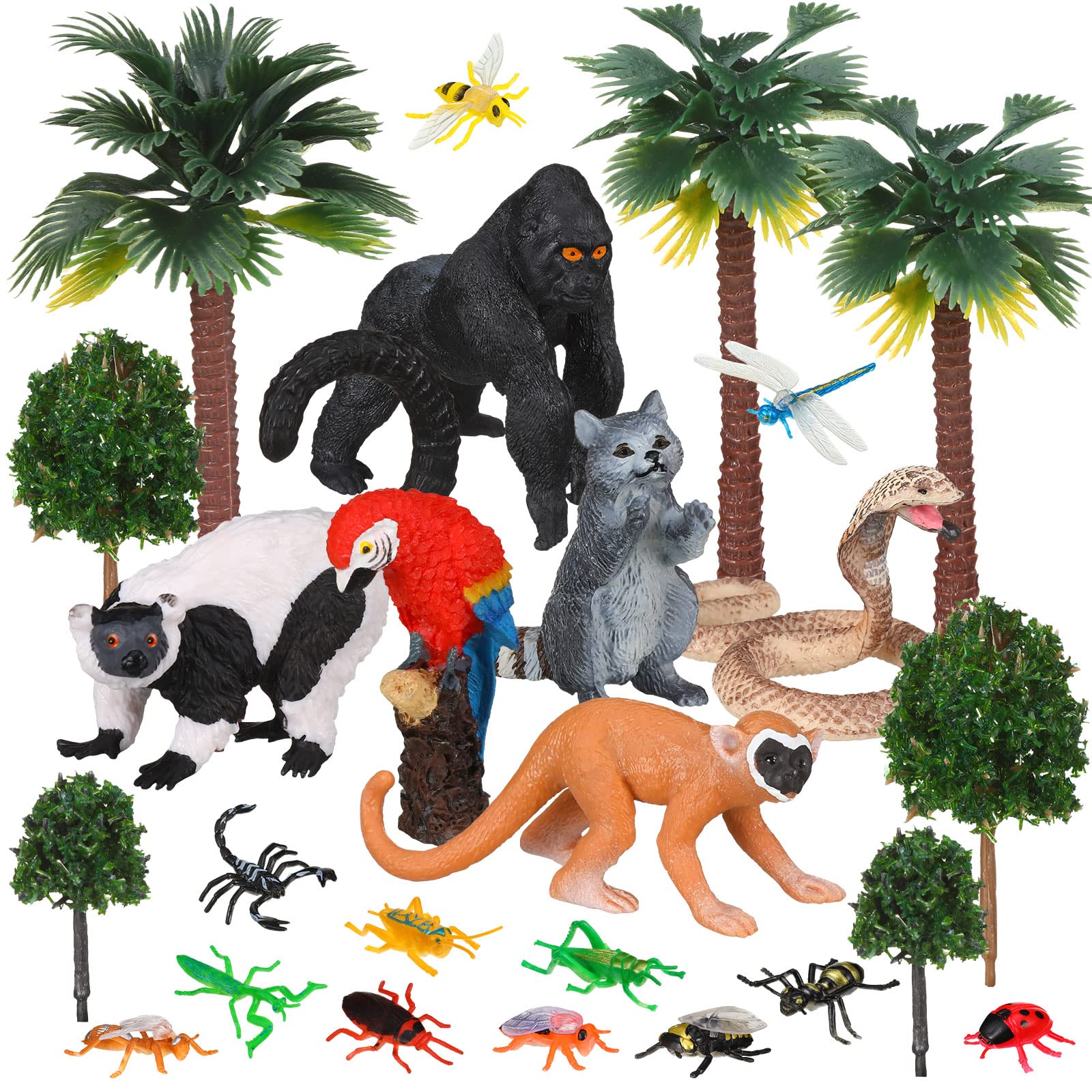 Jexine 25 Pack Rainforest Animals Figures Toys Set Assorted Creatures Rainforest Diorama Supplies Animals Model Trees for Birthd
