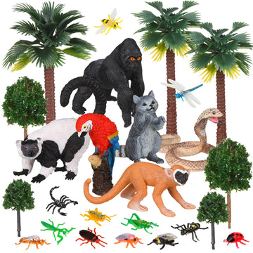 Jexine 25 Pack Rainforest Animals Figures Toys Set Assorted Creatures Rainforest Diorama Supplies Animals Model Trees for Birthd