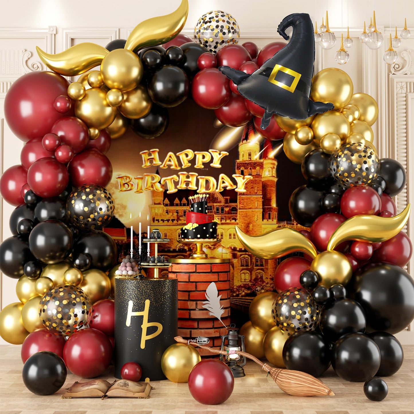 Magical Wizard School Balloons Garland Arch Kit,Burgundy Black Gold Arch With Bonus Diy Snitch Wizard Hat For Magical Wizard School Theme Birthday Decorations Magic Theme