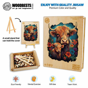 Woodbests Wooden Puzzle For Adults, Highland Cattle Family Puzzle (M, 200Pcs, 9.2'X11.4') Beautiful Wooden Box, Wooden Jigsaw Puzzles Unique Shape, Birthday Gifts For Adults And Kids Family Game