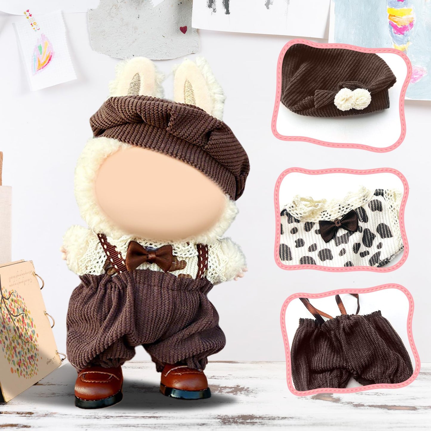 17cm Doll Clothes Labubu Clothes for 6.7inch(17cm) Dolls enhanced Doll Outfit with Hat and Accessories(Clothes Only)(Brown)