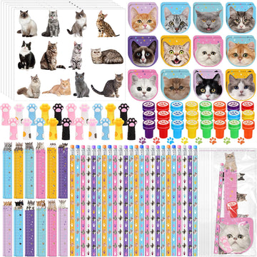 PerKoop 168 Pcs Cat Party Favors Set Cat Pencil Mini Notebook Sticker Stamp Stationery Cat Themed Party Favor for Kitten Animal 
