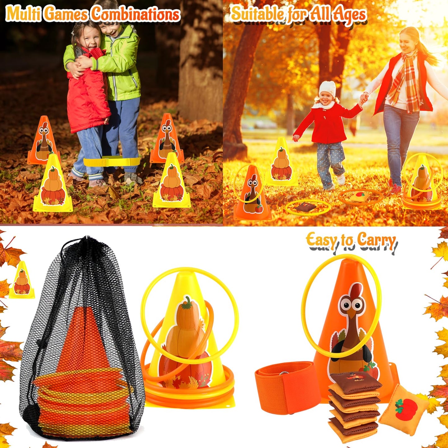 4 in 1 Fall Festival Thanksgiving Party Games with Ring Toss  Plastic Cones  Bean Bags  3-Legged Race Bands  Thanksgiving Games for Family Boy Girl mature-themed Carnival Friendsgiving Outdoor Yard Activities