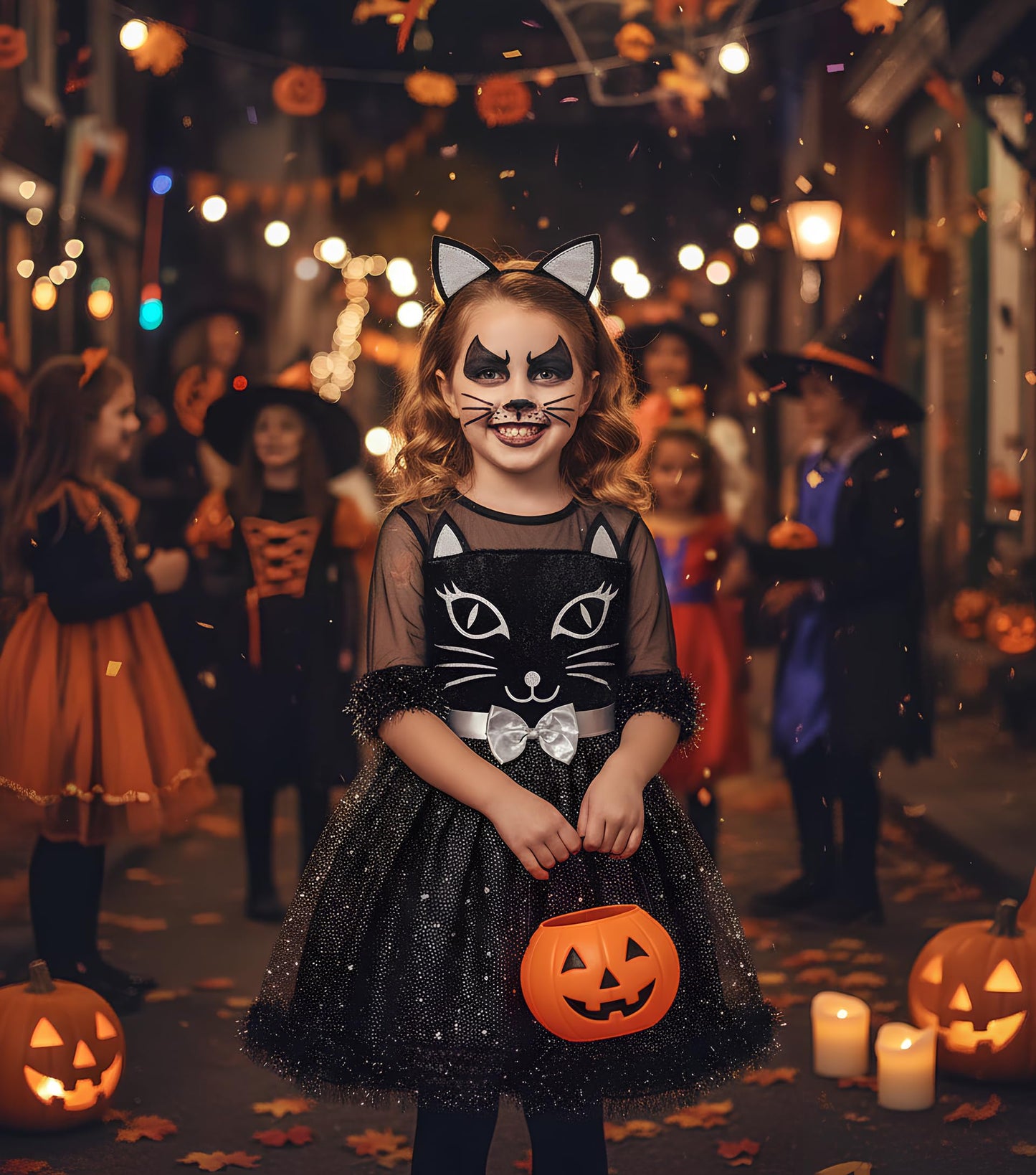 Neilyoshop Girls Cat Costume Kids Black Cat Dress Animals Costume Set For Halloween Dress up