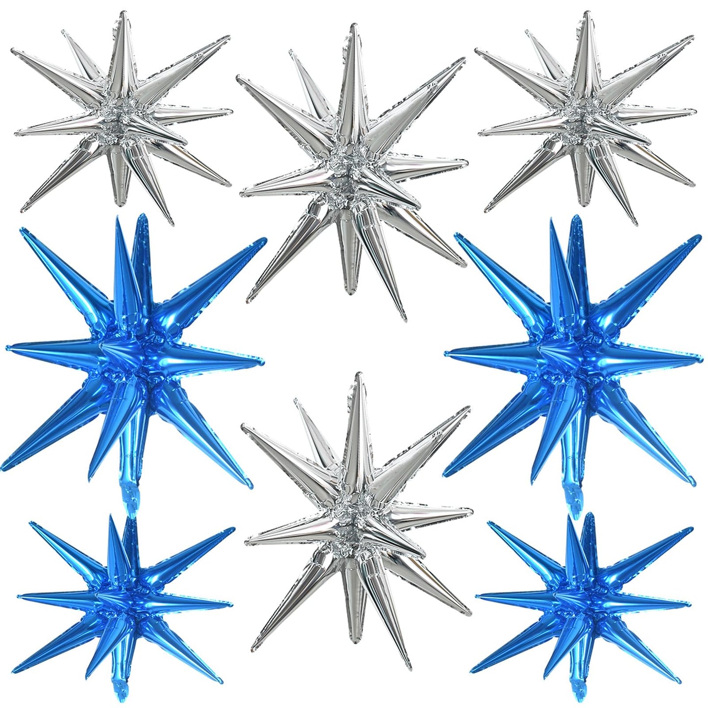TONIFUL 8 Pcs Blue Silver Foil Balloons Large Star Balloons Explosion Star Mylar Balloons for Party Backdrop Christmas New Year 