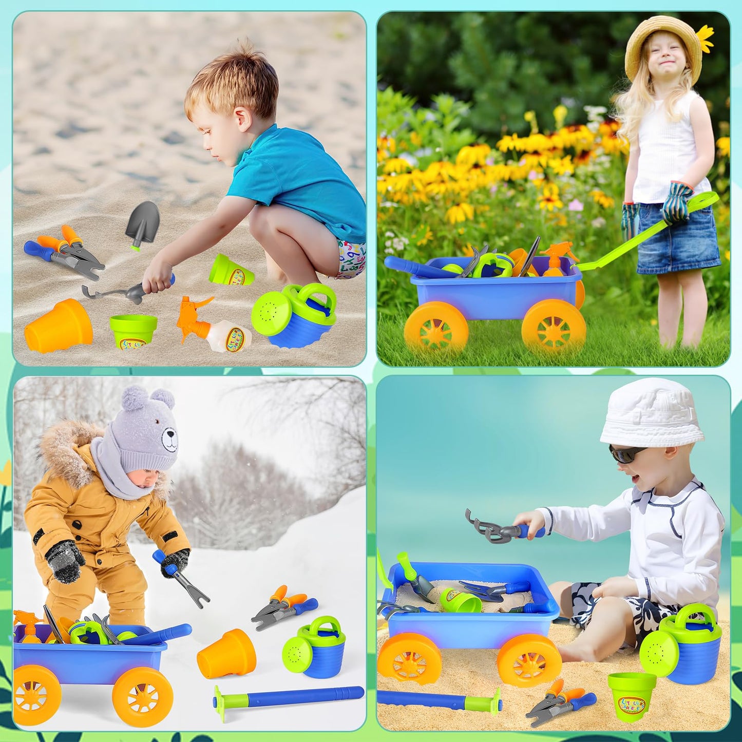 deAO Kids Garden Wagon Wheelbarrow Play Set - 10 Accessories, 4 Plant Pots, Blue Plastic - Great Outdoor Toddler Gardening Toys