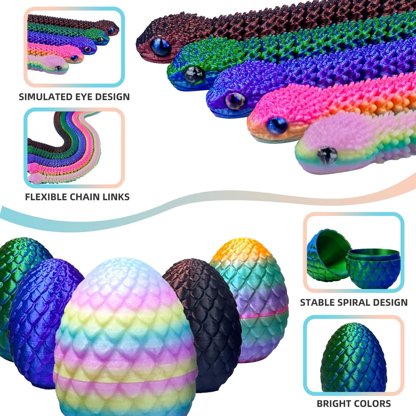 5PCS 3D Printed Snake Eggs 3D Printed Snake 3D Printed Snake Toys Set Easter Eggs Articulated Snake Easter Basket Stuffers Myste