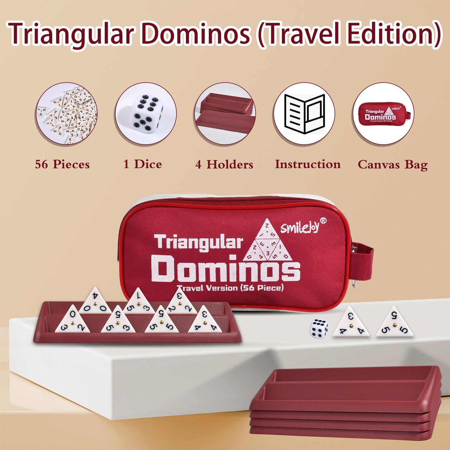 Smilejoy Triangle Domino Game - 56 Ivory Triangular Tiles with Brass Spinners, Standard Size, Ages 7+, 2-4 Players, Skill Training
