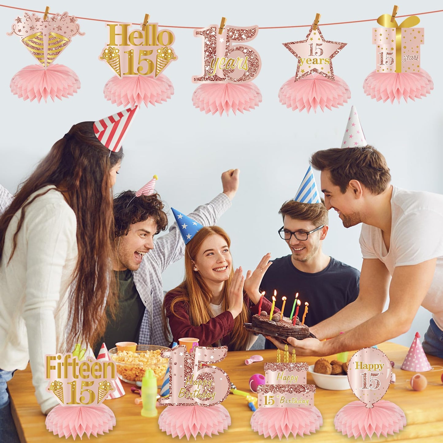 Turypaty Pink Rose Gold 15Th Birthday Honeycomb Centerpieces Decorations For Girls, 9Pcs Rose Gold Happy 15Th Birthday Table Cen