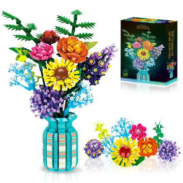Flowers Bouquet Building Set With Vase, 10 Kinds Of Botanical Collection Including Sunflower, Baby'S Breath, Rose, Compatible Wi