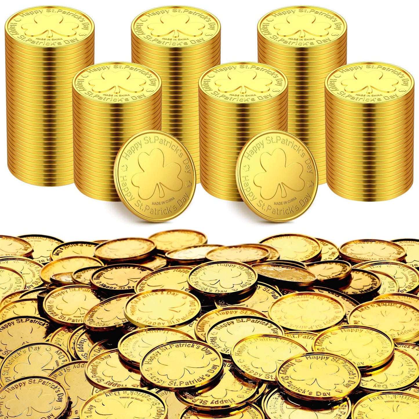 Sanwuta 400 Pieces Gold St. Patrick's Day Plastic Coins Bulk Lucky Shamrock Leprechaun Coins St Patricks Day Decorations with 3 
