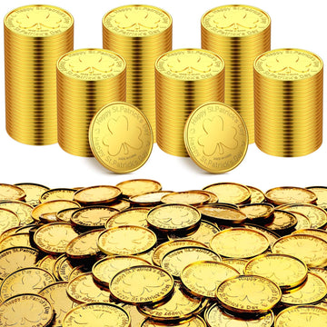 Sanwuta 400 Pieces Gold St. Patrick's Day Plastic Coins Bulk Lucky Shamrock Leprechaun Coins St Patricks Day Decorations with 3 