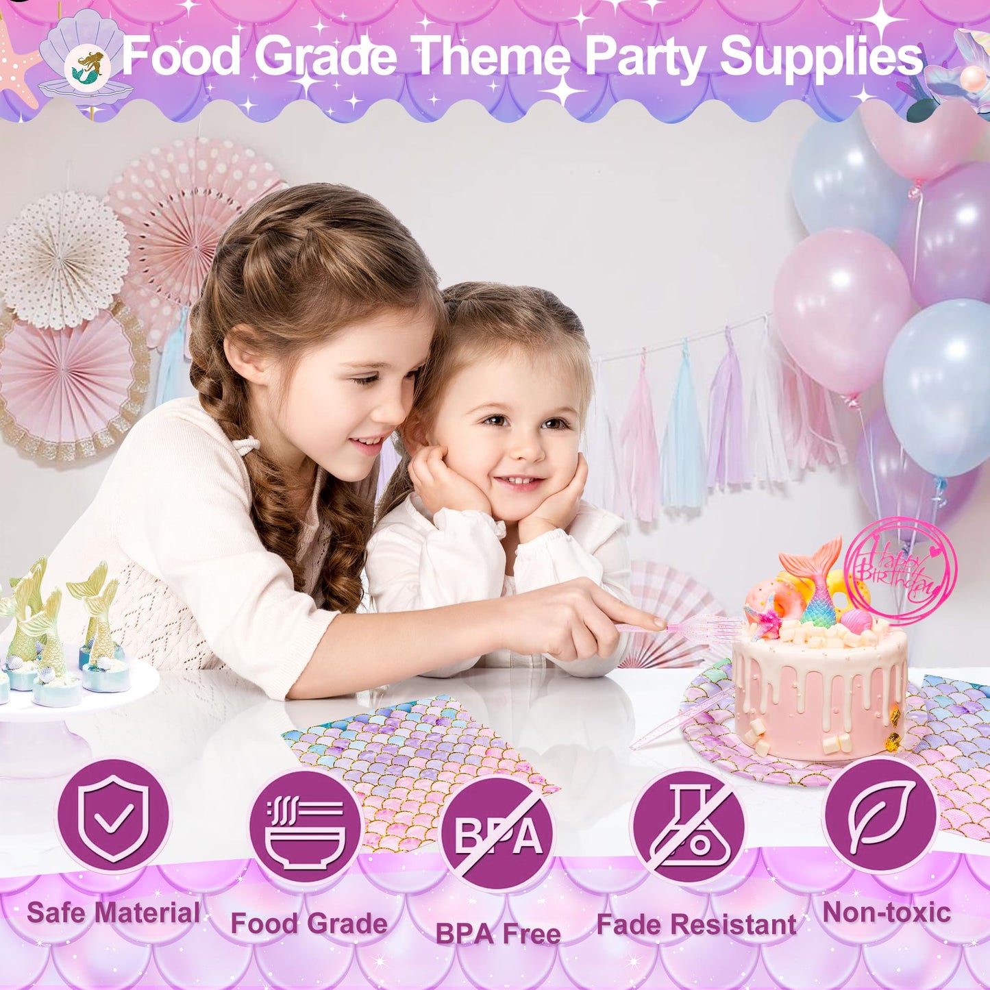 LMJUNZZ 120 Pieces Mermaid Scale Birthday Party Tableware Set - Includes Plates, Napkins, Forks - Ocean Themed Decorations for G