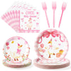 ANGOLIO One Birthday Silly Goose Party Tableware Supplies - Pink Cute Disposable Paper Plates Napkin Fork Plates, Kawaii Silly G