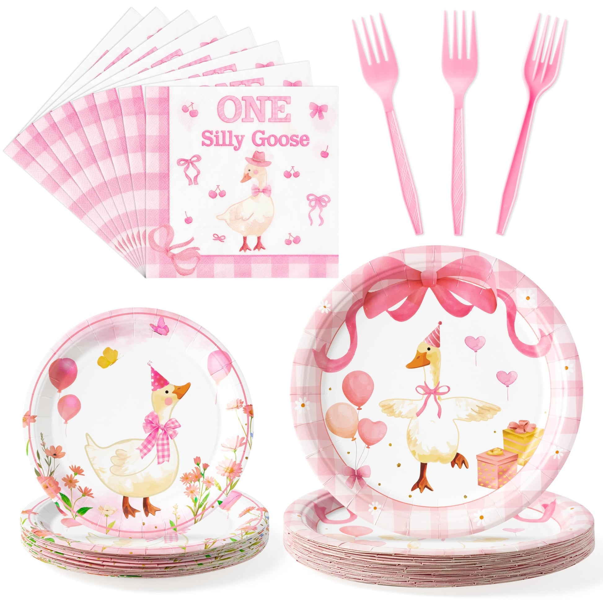 ANGOLIO One Birthday Silly Goose Party Tableware Supplies - Pink Cute Disposable Paper Plates Napkin Fork Plates, Kawaii Silly G
