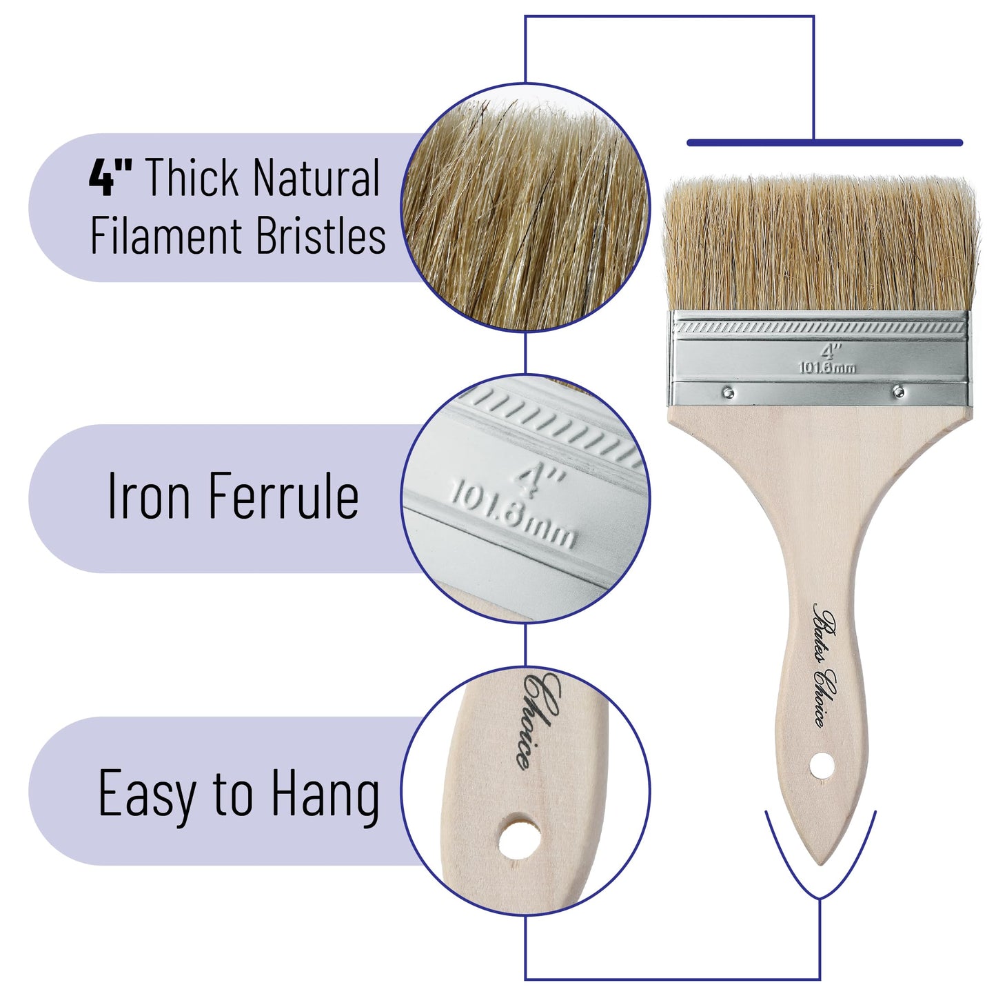 Bates- Chip Brushes, 4 Inch, 24 Pack, 4 Inch Paint Brushes with Ergonomic Wooden Handle, Natural Bristle