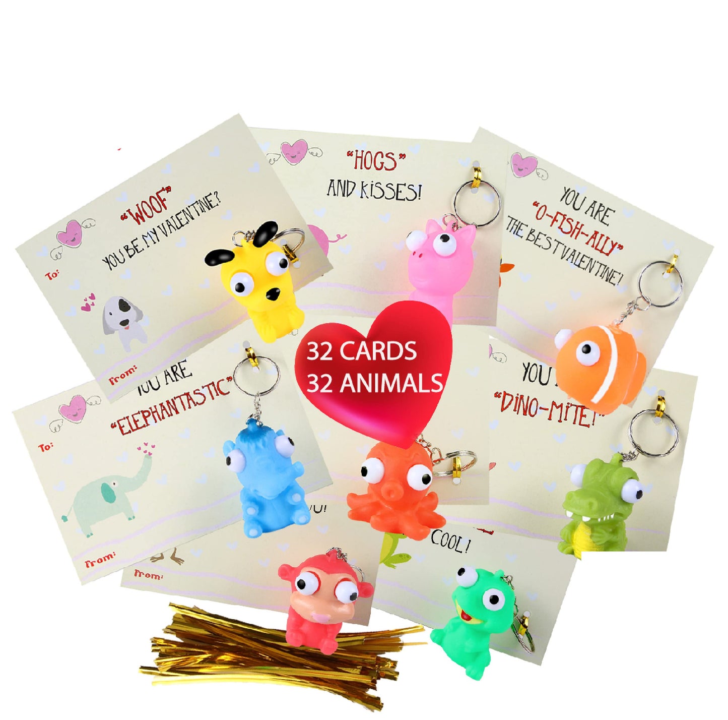Samriko Premium 32 Piece Valentines Day Card For Kids With Squeezable Popeye Animal Keychain Perfect For Valentines Day Gifts Fo