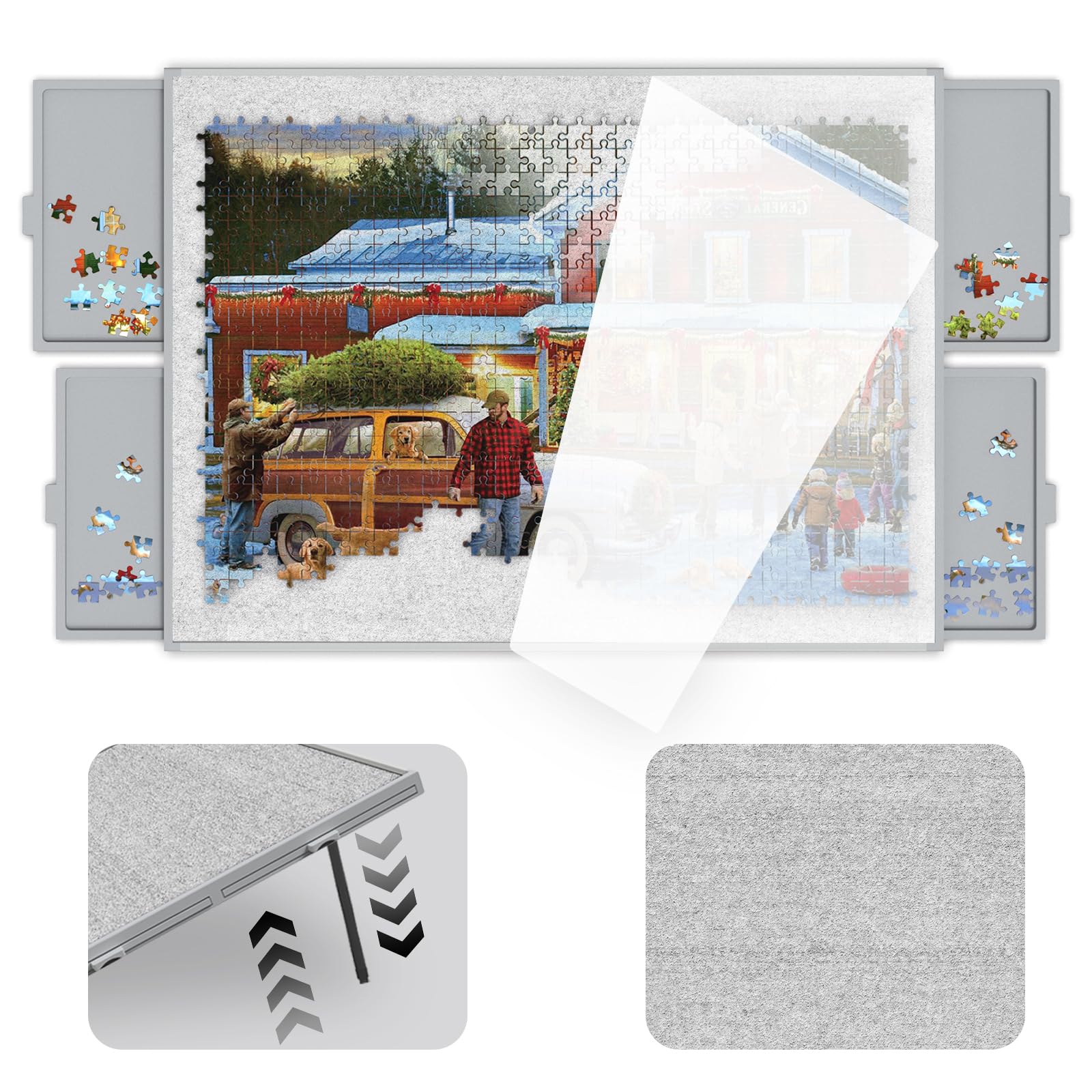 Puzzle Board 1500 Pieces,Jigsaw Puzzle Board with Adjustable Tilting Pole,Felt Surface and Cover,Grey Tilting Puzzle Board with 