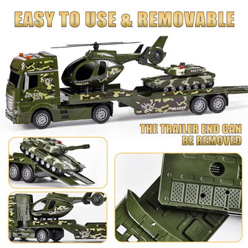 ZHFUYS 25.6'' Green Military Big Truck Toys, Big Truck Toy with Tank and Helicopter,Army Toys with Sounds & Lights, Great Gift f