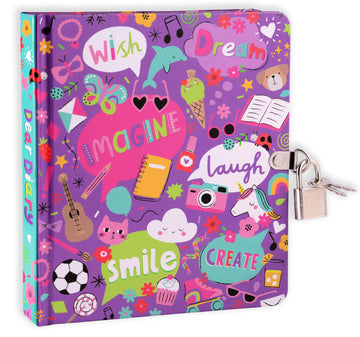 Mollybee Kids My Favorite Things Lock And Key Diary Notebook For Girls, 5.5 X 6.25 Inches, 208 Lined Pages, Padlock With 2 Keys, Purple