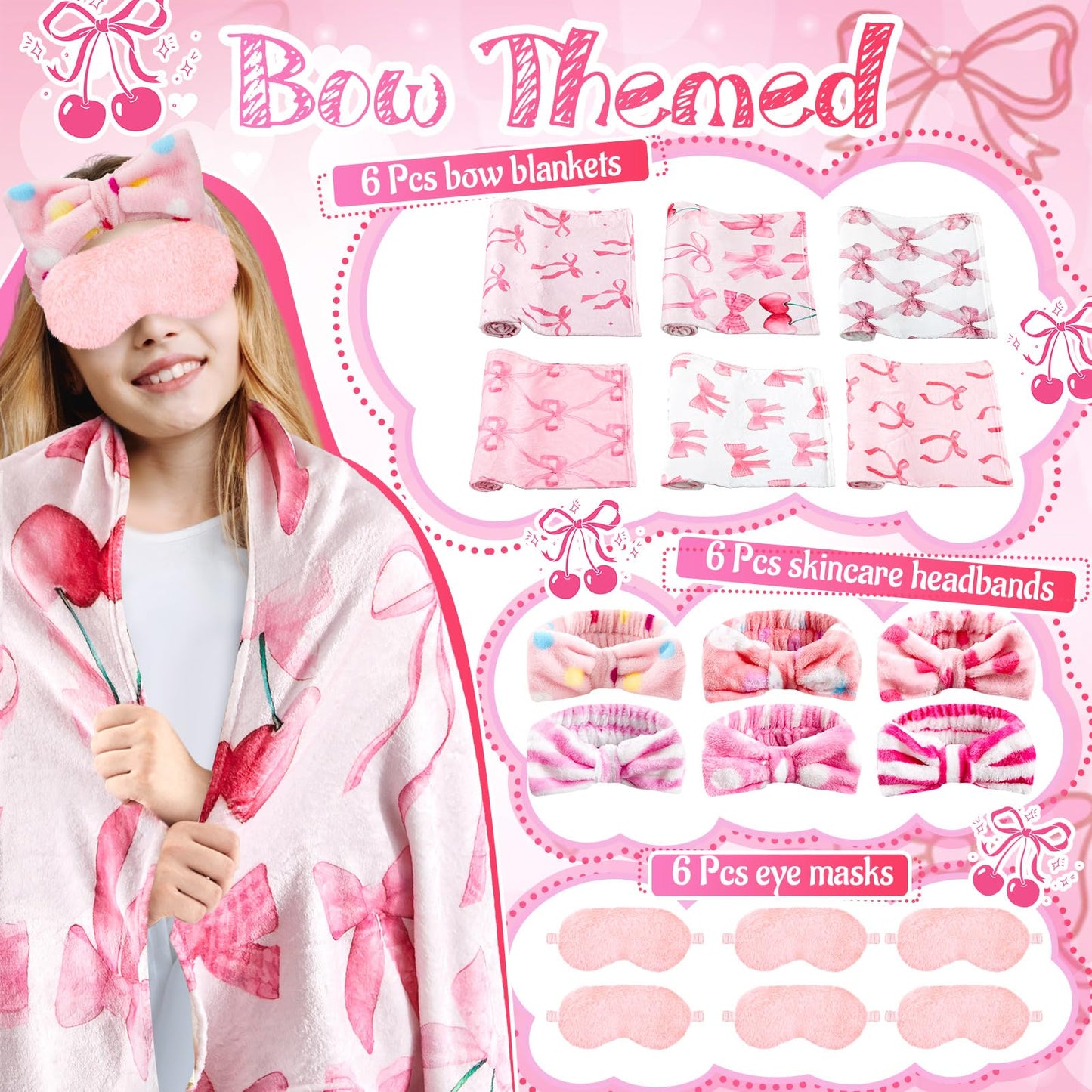 18 Pcs Sleepover Party Supplies for Girls, 6 Different Style Pink Bow Blanket 6 Coral Fleece Bow Spa Headband 6 Plush Pink Eye M