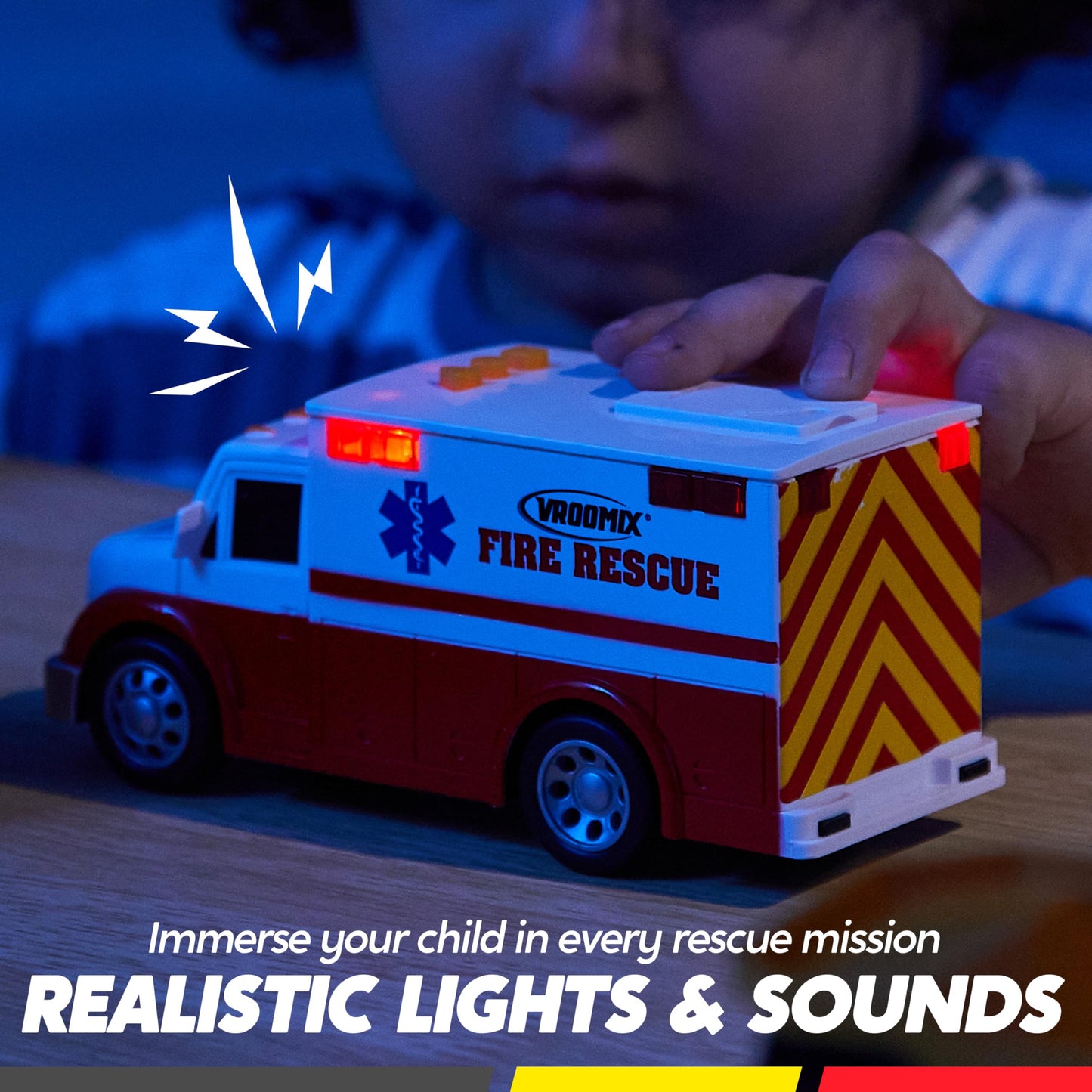 VROOMIX 3-Pack Emergency Vehicle Toy Set - Friction Powered Police Car, Ambulance & School Bus with Lights & Sounds for Kids