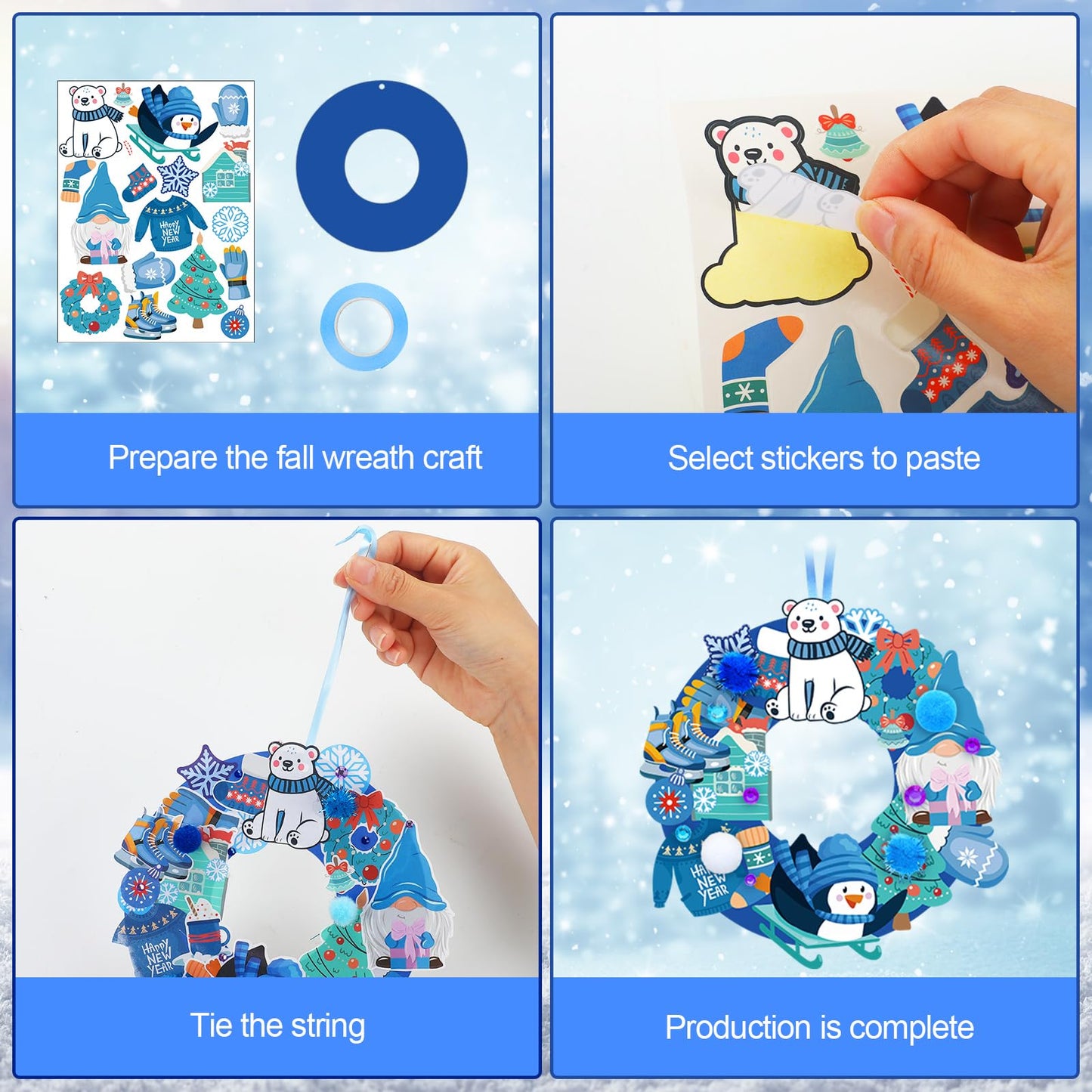 Hollowfly 48 Sets Winter Wreath Craft Kits for Christmas Snowflake Wreath Ornaments Decorations Make Your Own Snowman Santa Foam