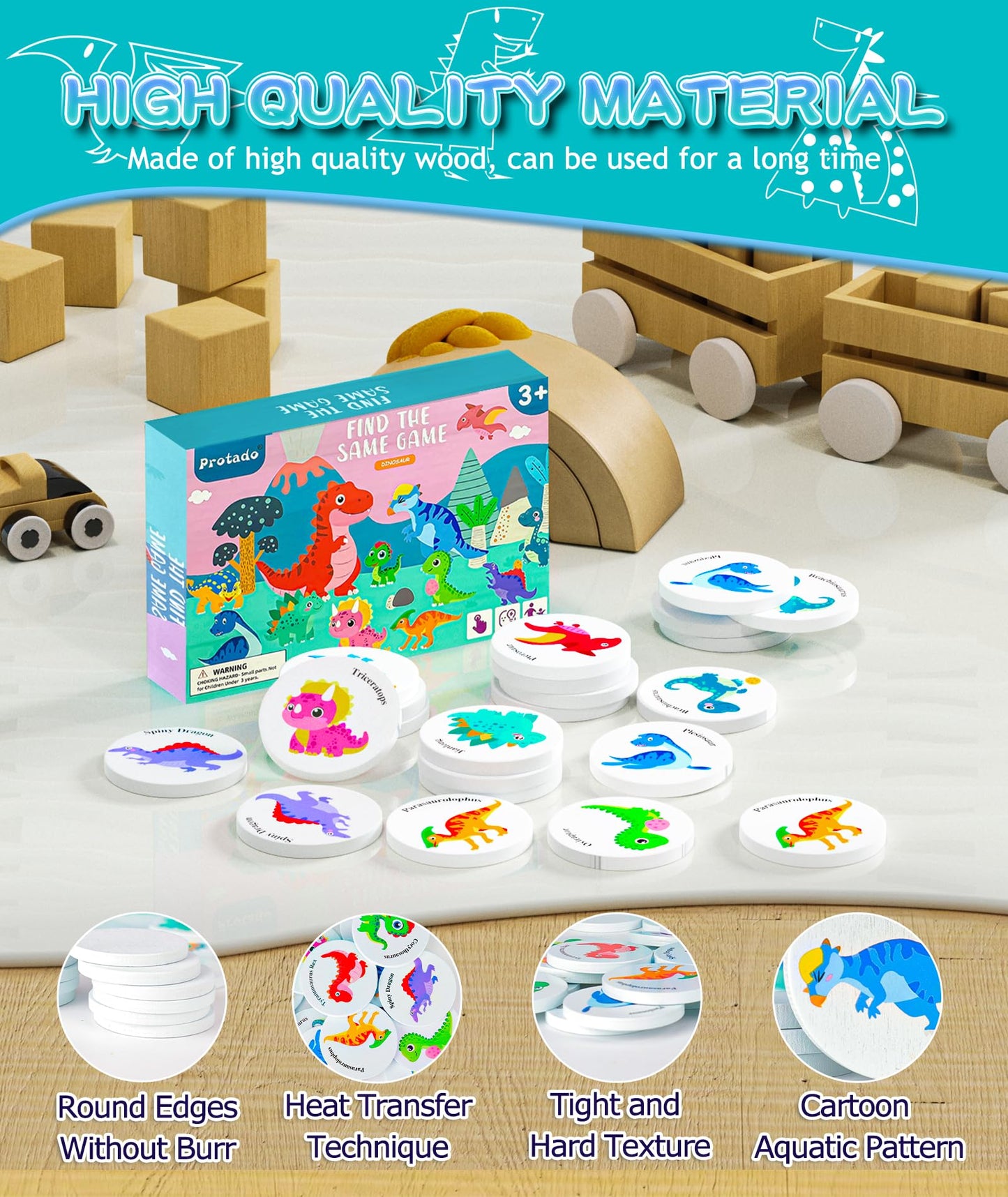 Wooden Dinosaur Memory Game For Kids - 24-Piece Matching Cards & 5 Tattoo Stickers, Educational Toys For Pre-Kindergarten Early Learning