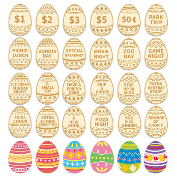 Jansun 24Pcs Easter Egg Tokens, Easter Egg Fillers Wooden Easter Reward Tokens Tokens Coins With 24 Different Engraved Sayings F