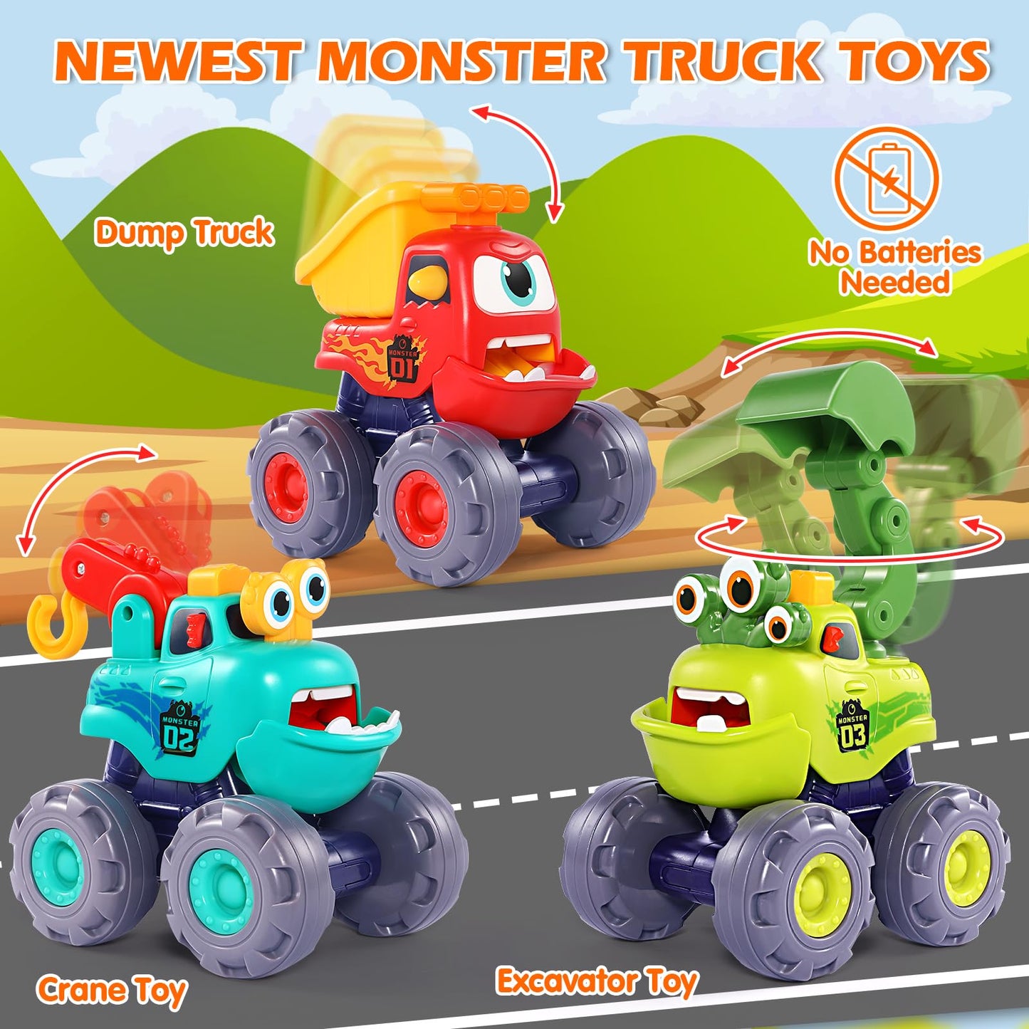 OCATO Monster Truck Toys for 1 2 3 Year Old Boy Birthday Gift, Construction Toys Pull Back Cars for Toddlers 1-3, Baby Boy Toys