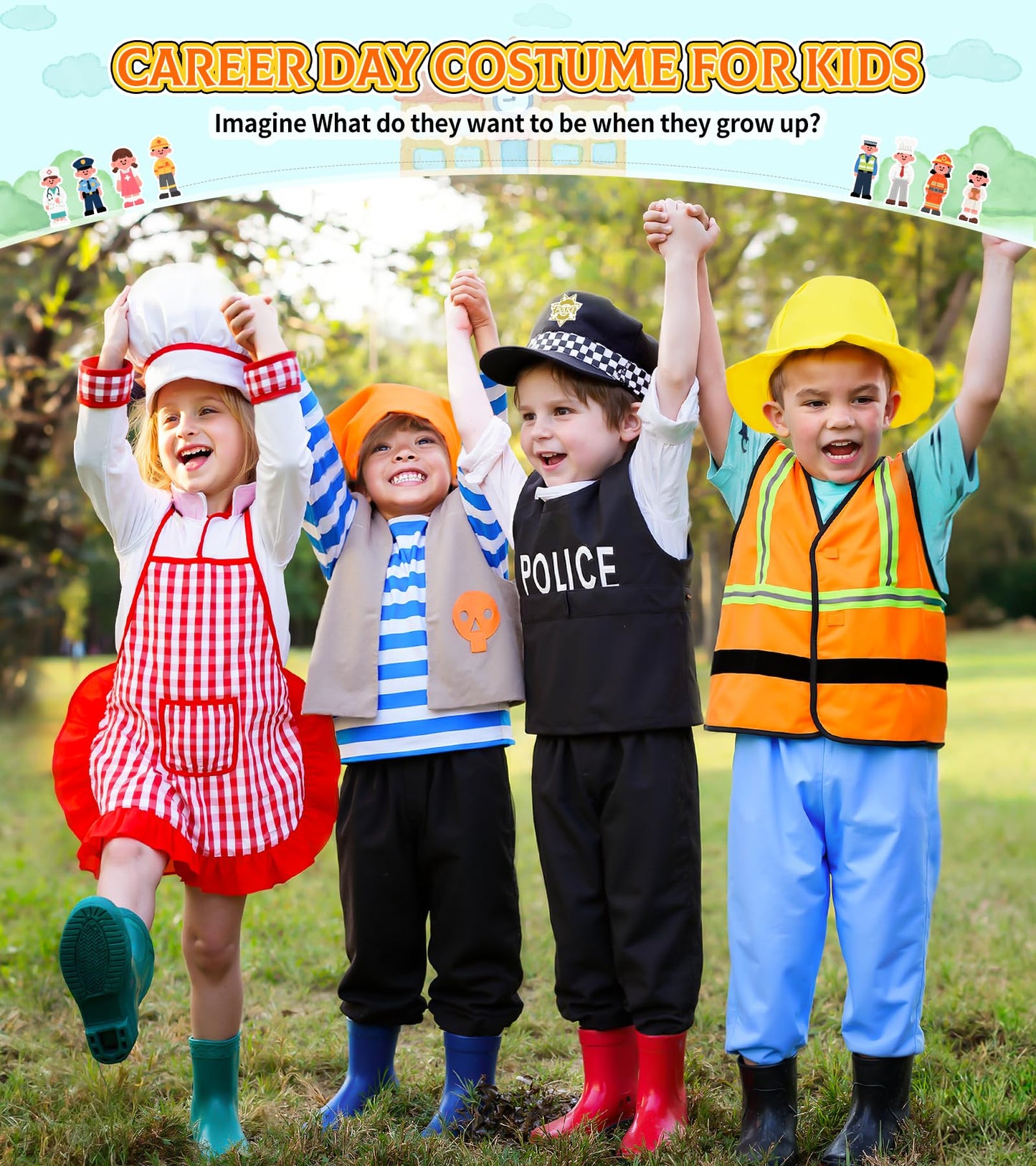 Jeowoqao Kids Dress Up Costumes Set, 11pcs Role Play Trunk for Ages 3-6, Multicolored Pirate, Chef, Construction, Policeman