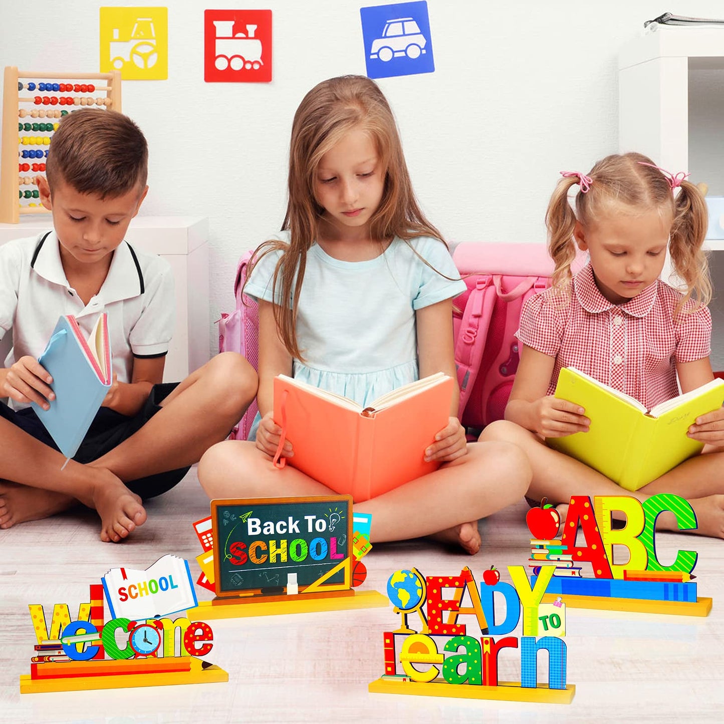 4 Pieces Back to School Party Decorations Wooden First of School Centerpieces Ready to Learn Table Toppers for School Classroom