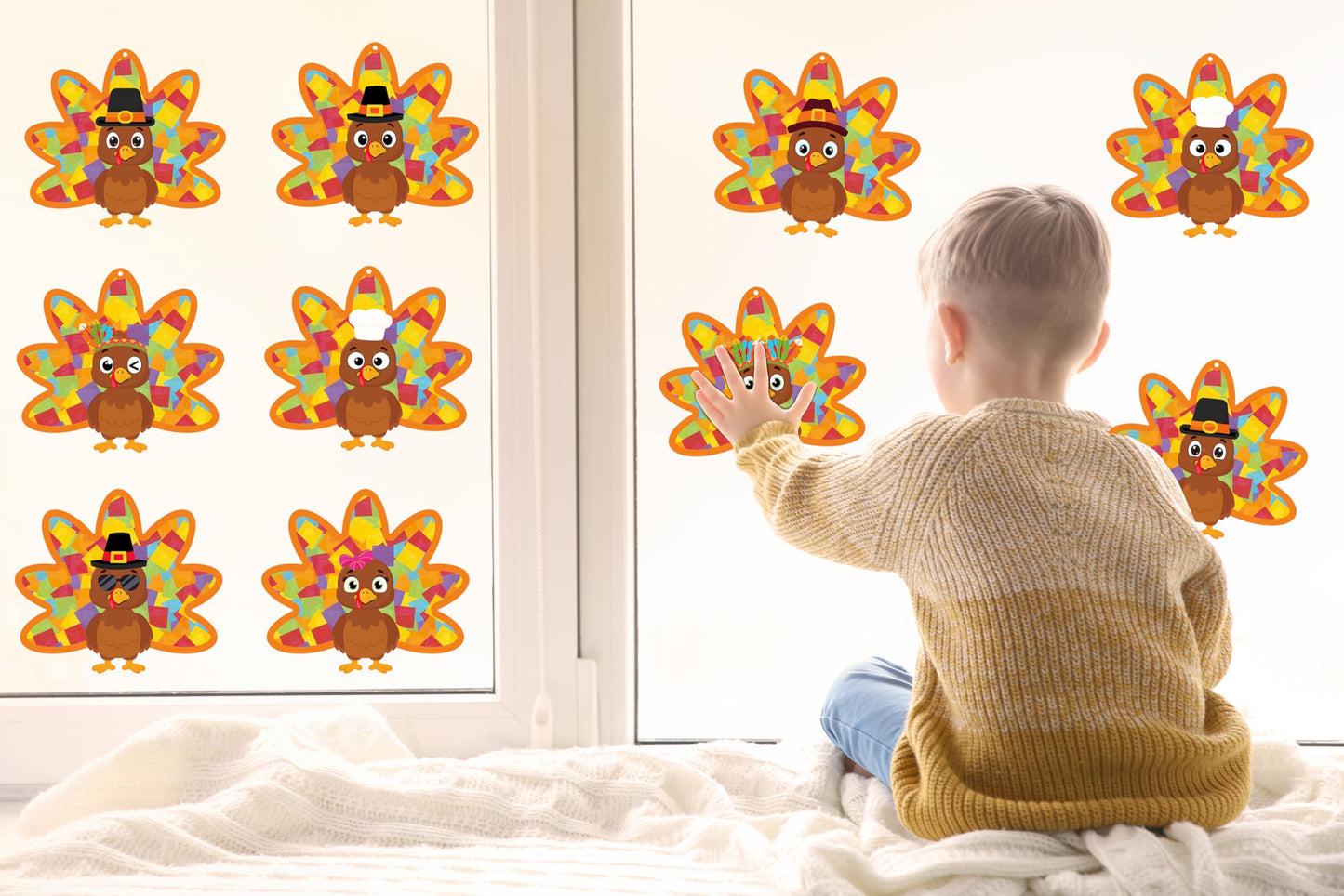 Renbuzhu 36PCS Thanksgiving Crafts Bulk: Turkey Paper Suncatchers DIY Kit for Fall Activities Decorations, Window Stained Glass