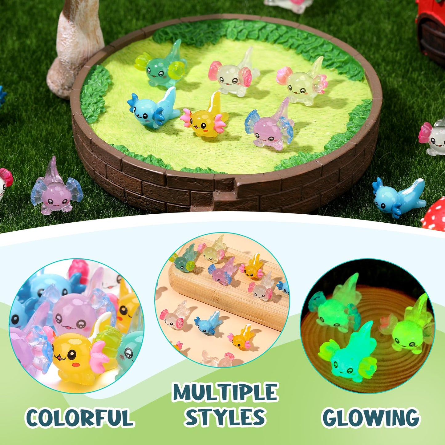 GGSTDDUP 30 Pcs Mini Resin Axolotl  Miniature Axolotl Figures to Hide  Unique Axolotl Ears in The Floral and White-Tailed Axolotl for Dollhouse Fairy Garden Landscape Aquarium (Some Styles Glowing)
