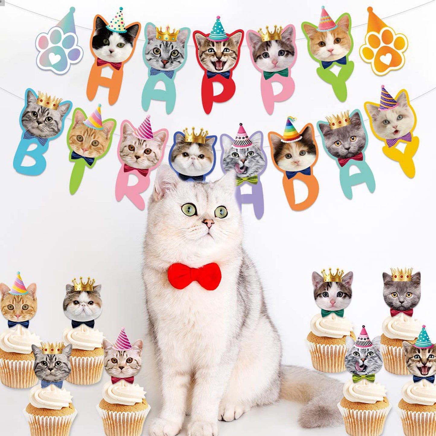 Tsj Happy Birthday Cat Birthday Banner, Cat Face Party Banner, Kitty Cat Theme Party Bunting Decoration For Cat Adoption Birthda