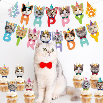 Tsj Happy Birthday Cat Birthday Banner, Cat Face Party Banner, Kitty Cat Theme Party Bunting Decoration For Cat Adoption Birthda