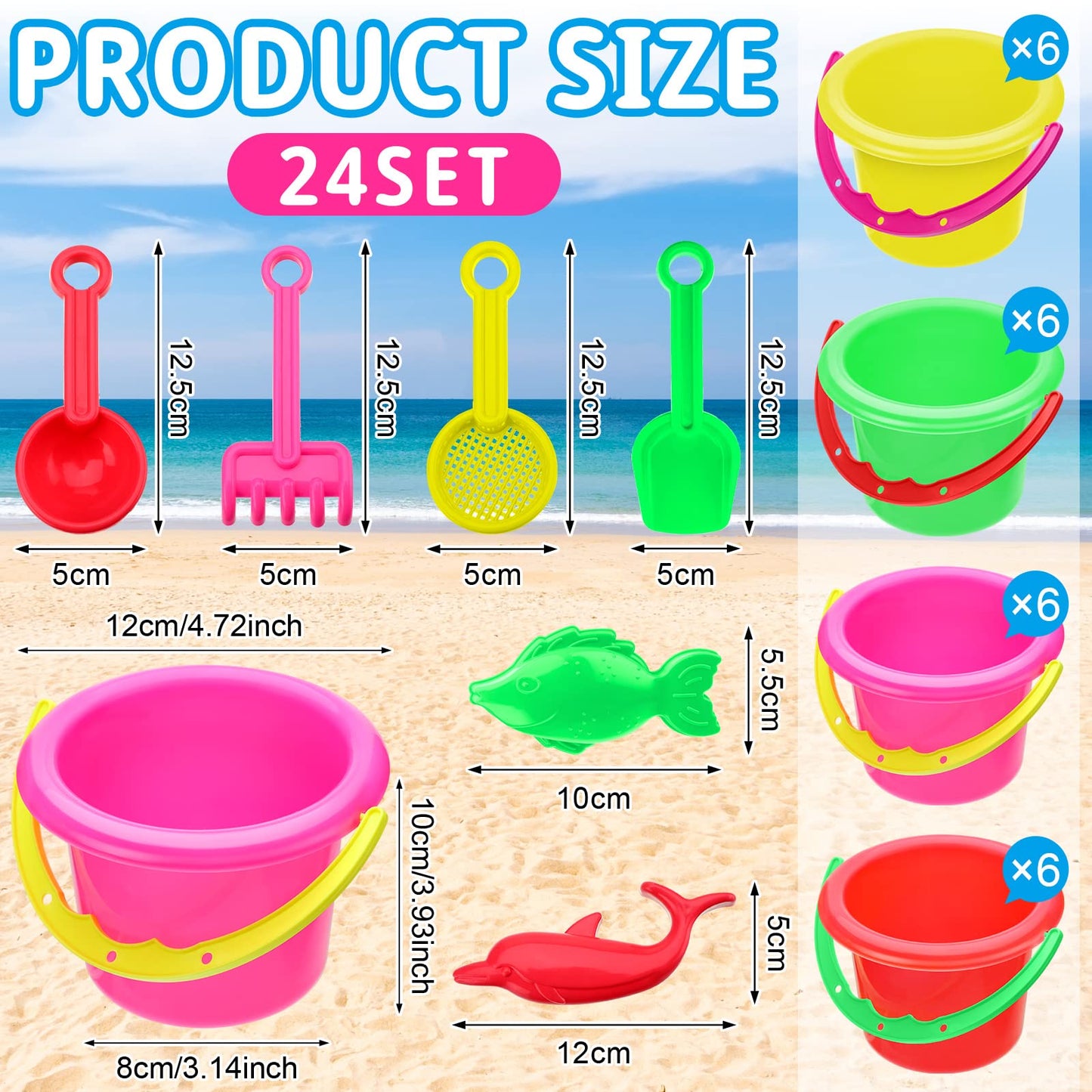 Jexine 96pcs Beach Party Favors for Kid 24 Set Sand Buckets and Shovels for Bucket Party Favor Sand Box Play Set and Mini Beach