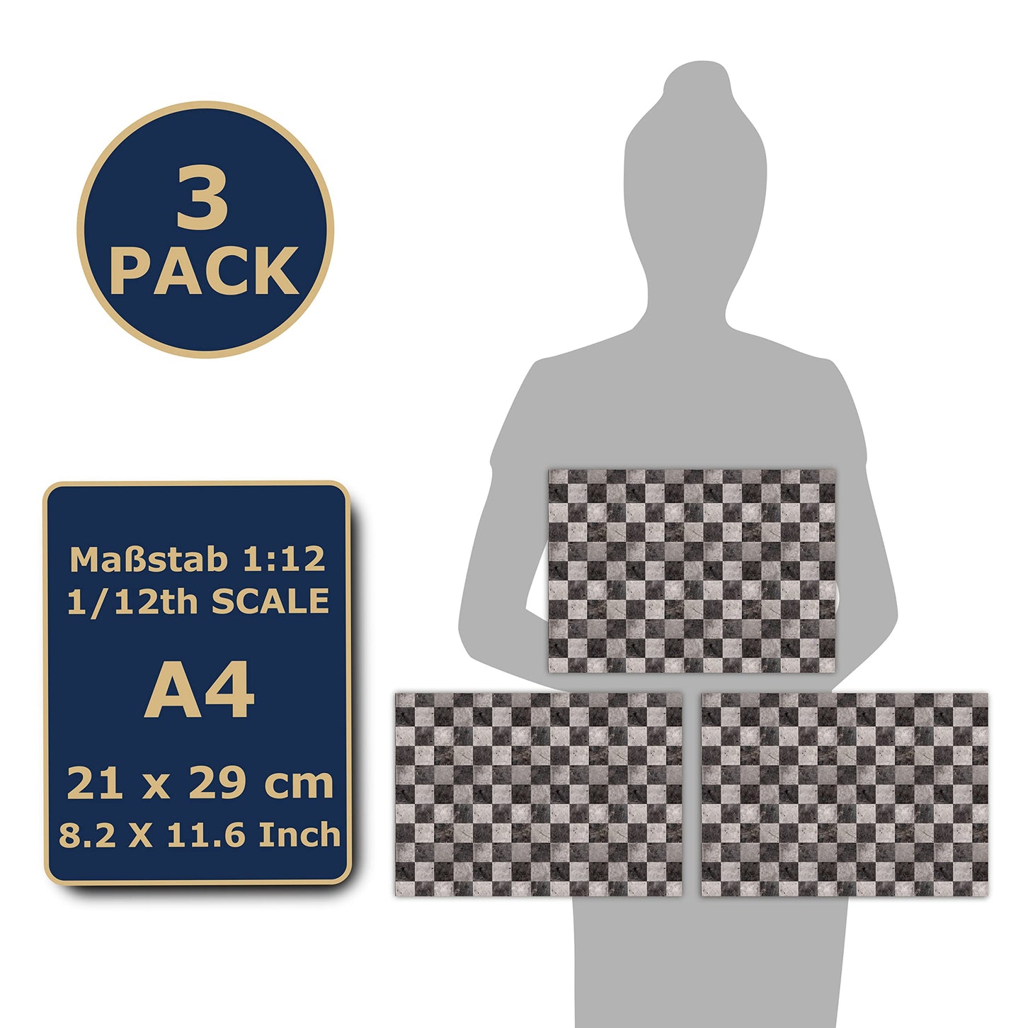 3 Sheets Self Adhesive Floor Tiles For Dollhouse 1:12 Scale (Checkerboard Pattern Marble)