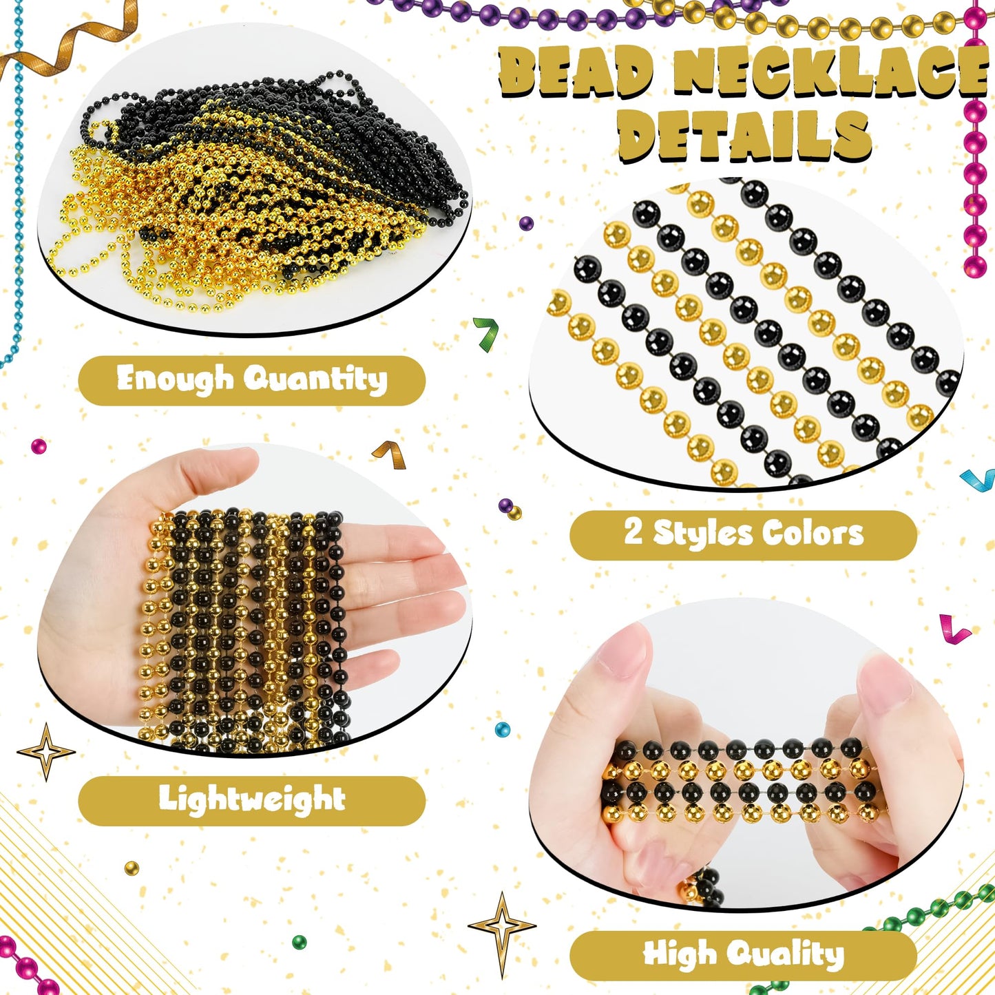 12 Pcs Mardi Gras Beads Bulk, New Year Beaded Necklaces, 33'' Blackgold Beads Graduation Beaded Stuff Set, Carnival Round Costum