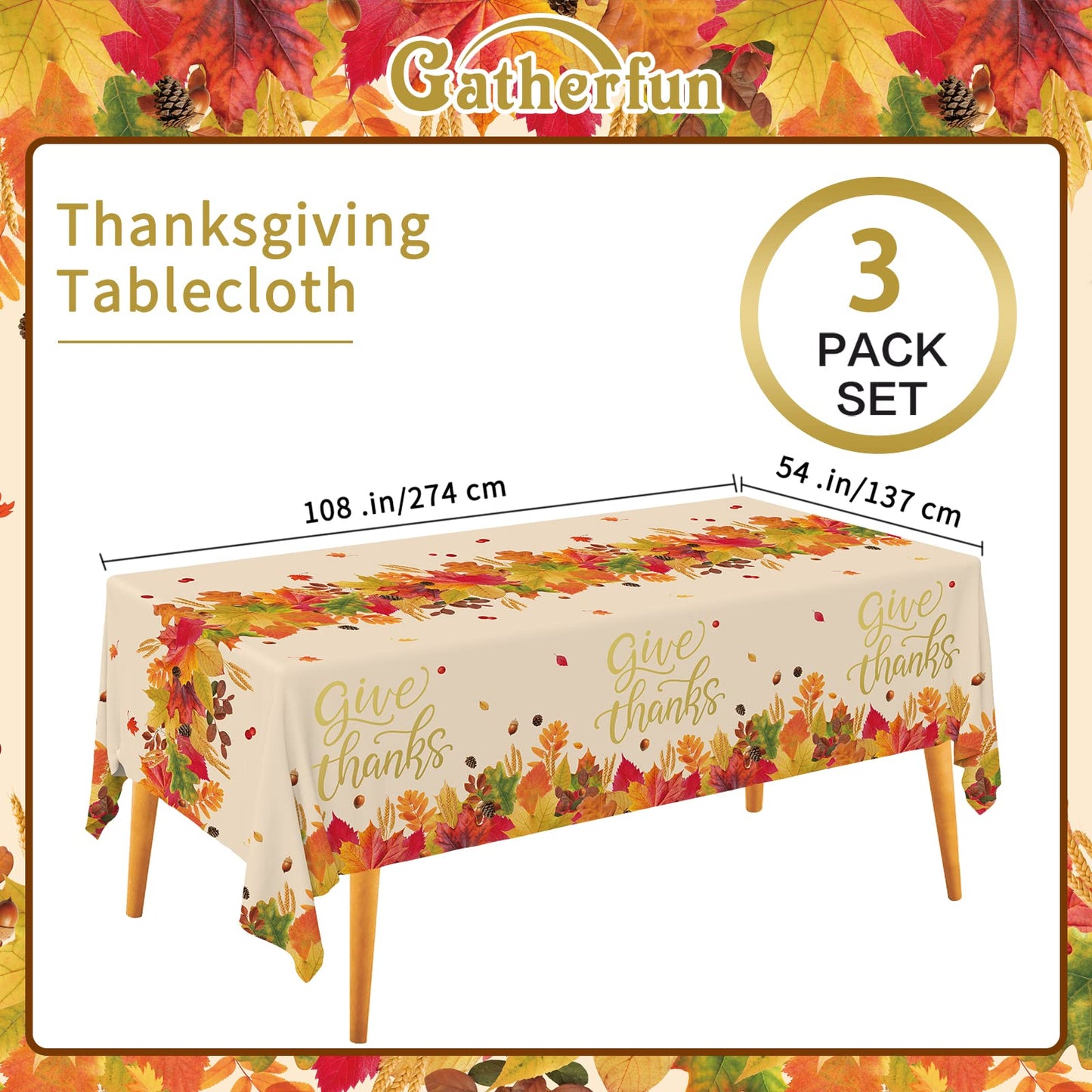Gatherfun Fall Thanksgiving Party Supplies, Disposable Tablecloth, Plastic Table Cover for Autumn Party Decorations and Thanksgi