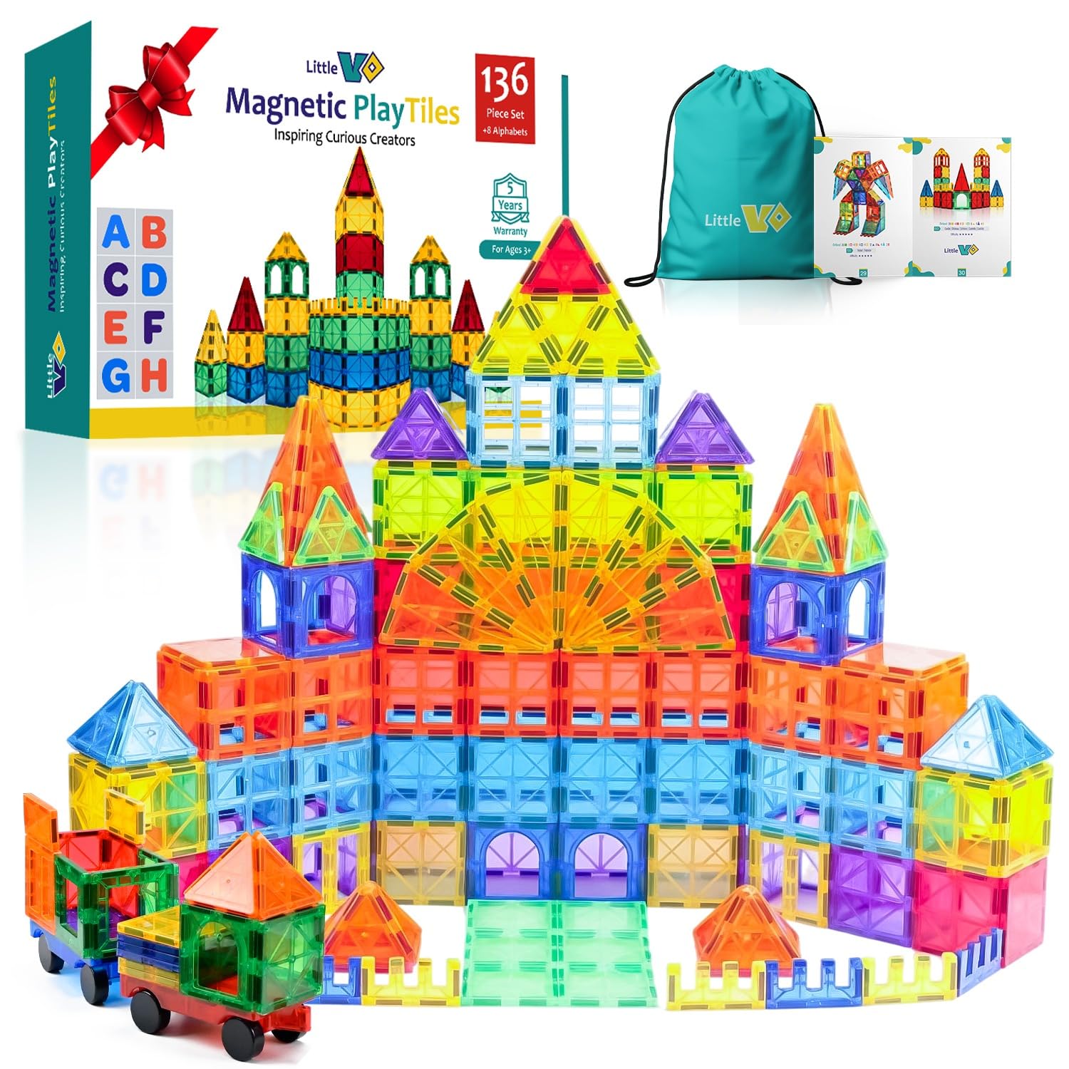 Little Vo Magnetic Tiles 136 PCS with 2 Cars and 8 Extra Alphabets - STEM Building Blocks for Kids  Educational Gift for Boys & Girls