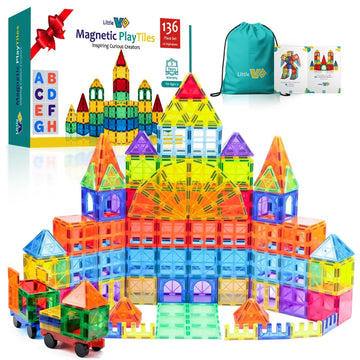 Little Vo Magnetic Tiles 136 PCS with 2 Cars and 8 Extra Alphabets - STEM Building Blocks for Kids  Educational Gift for Boys & Girls