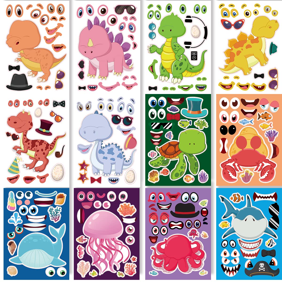 24 Sheets 8.27''  5.9'' Make Your Own Stickers For Kids Toddlers, Make A Face Stickers Mix And Match With Unicorns Dinosaur Hors