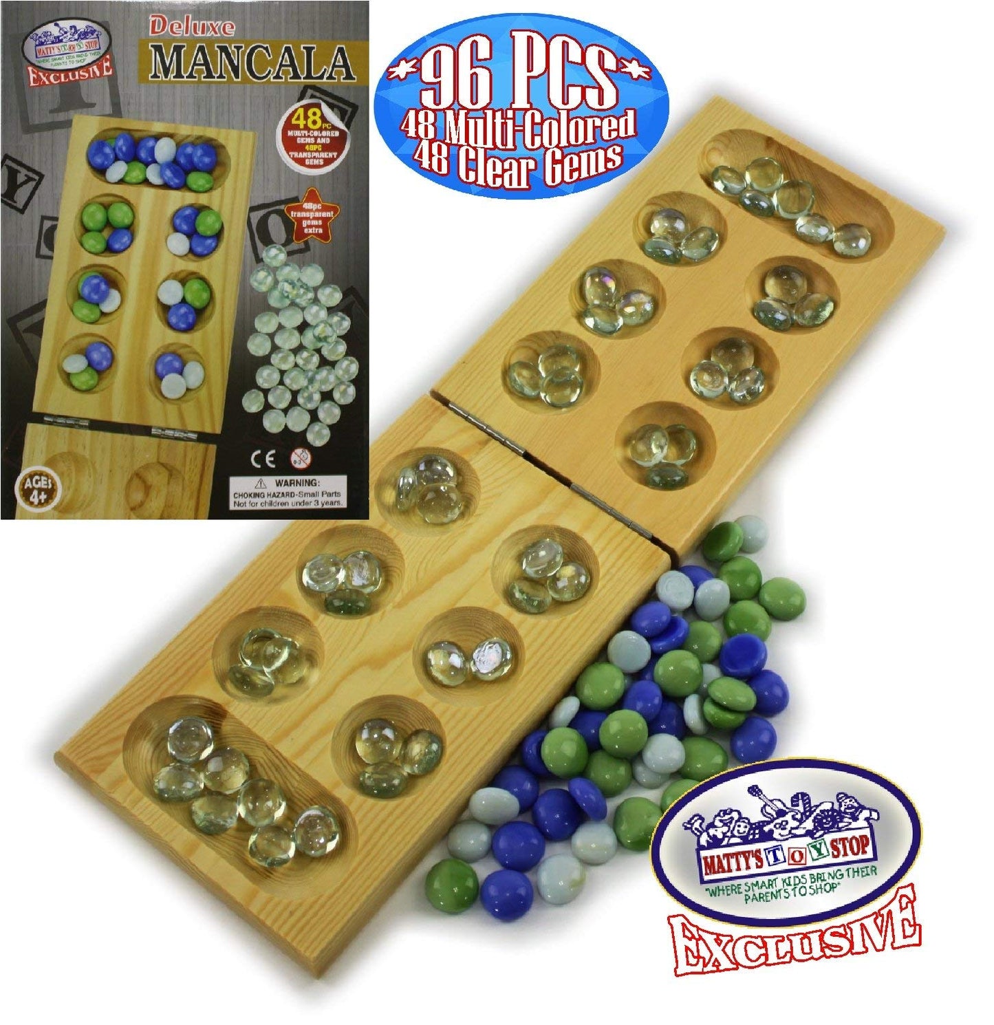 Matty'S Toy Stop Deluxe Solid Wood Folding Mancala Game With 48 Multi-Colored Gems And 48 Clear Gems (96 Gems Total)