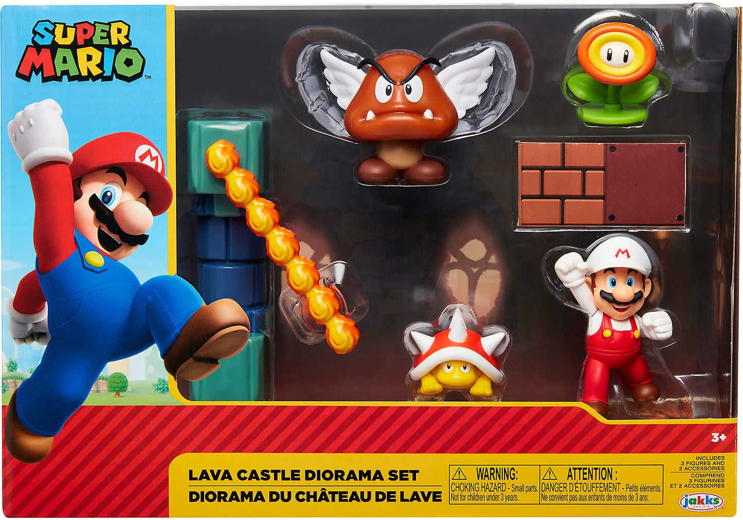 Nintendo Super Mario Lava Castle Diorama Play Set - Fire Mario, Spiny & Para Goomba - 2.5" Plastic Figure with Spinning Fireballs