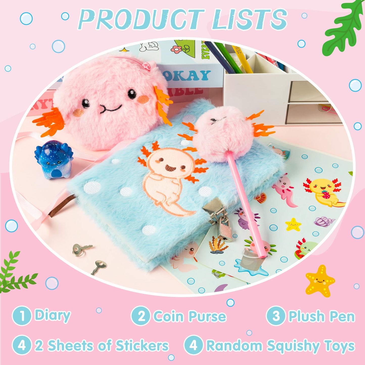CY2SIDE 6PCS Axolotl Diary with Lock and Keys for Kids, Axolotl Plush Secret Journal Diary Journal Set Included Scrapbook Pen St
